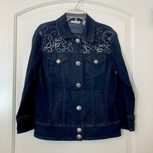 Chico's Platinum Jean Denim Jacket 0 Small Black Silver Buttons Stitching Beaded